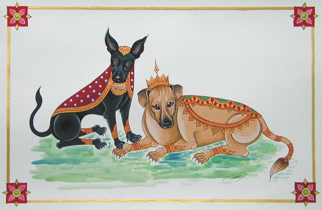 Pet dogs in traditional Thai clothing! - Size: approx. 30cm x 21cm (A4), water-color on fine art paper